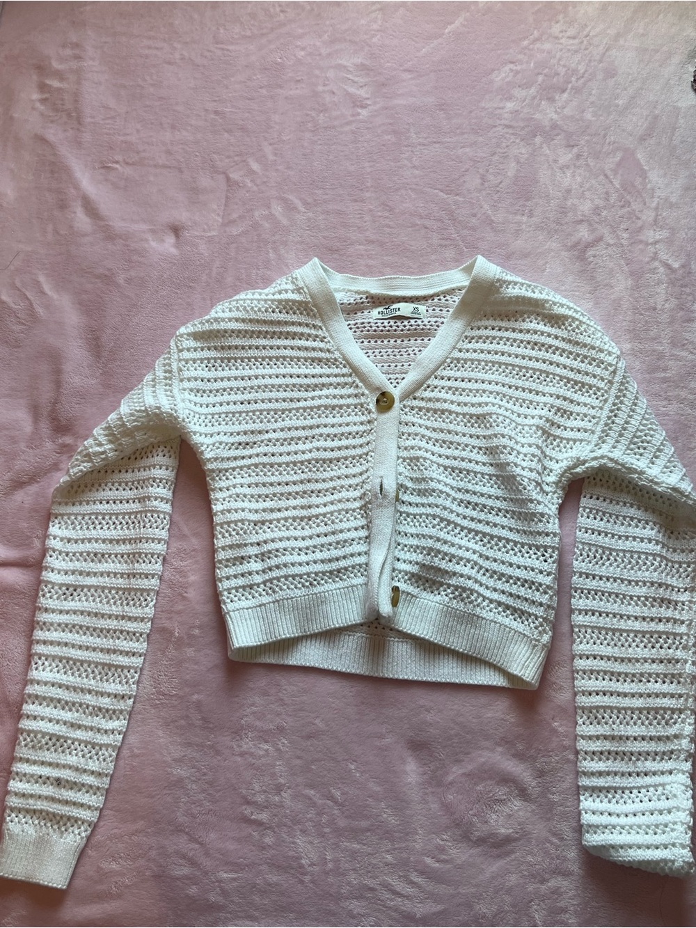 Hollister White Cropped Open-Weave Button Cardigan